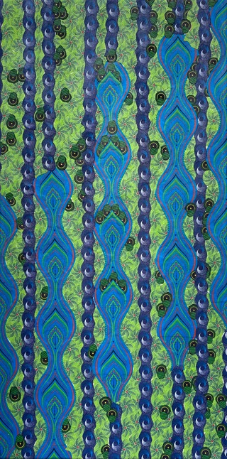 Cosmic Volume III. 70 x 30 cm, 2022. 
Shweshwe -Textil-Collage on Canvas. 