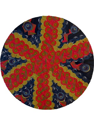 Cosmic Volume VI. ⌀ 20 cm, 2022. 
Shweshwe -Textil-Collage on Canvas. 